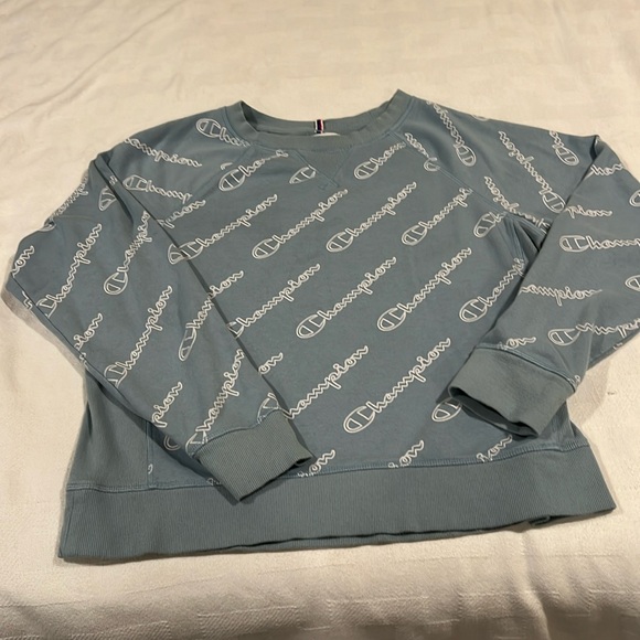 Tops - NWOT Champion sweatshirt, light blue, with white writing